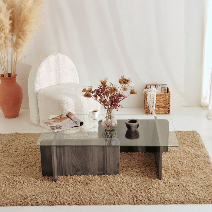 Hanah Home Mesa de centro Escape en Nogal con cristal templado Hanah Home Mesa de centro Escape en Nogal con cristal templado